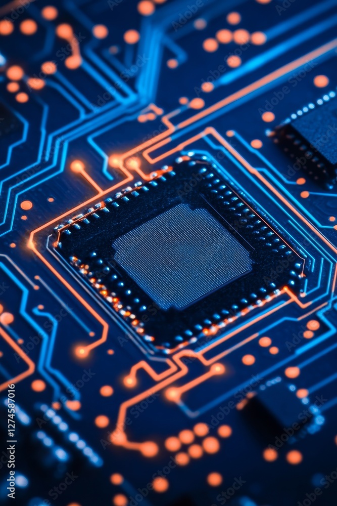 Poster blue circuit board with cpu, motherboard, technology background, electronics abstract pattern