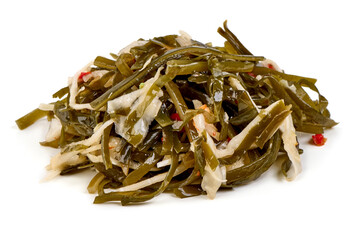 Marinated Kelp Seaweed Salad with Red Peppers Isolated on White Background.