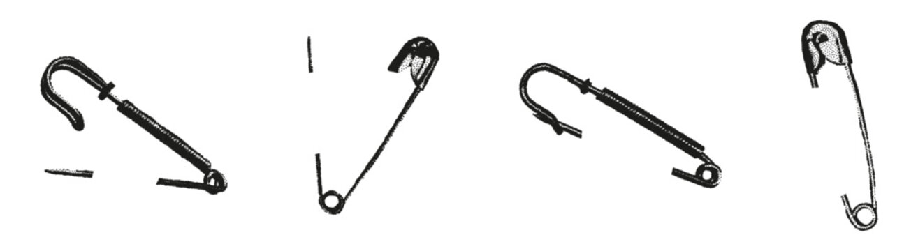 Halftone stipple elements set. Open and closed safety pins with needles pierced through, attached to surface. Grunge punk dotted texture for collage design. Retro photocopy vector illustration