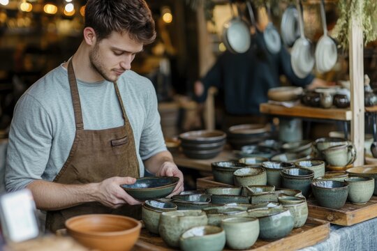 Artisan at craft market examining rustic pottery bowls
