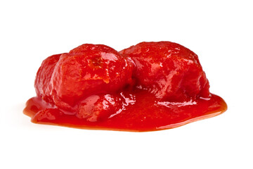 Whole Peeled Tomatoes in Tomato Juice Isolated on White Background.