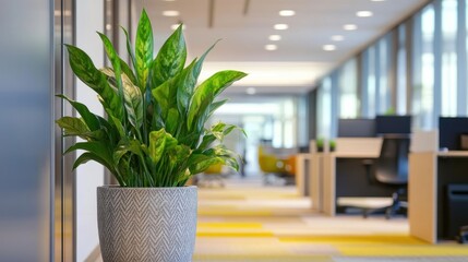 Fototapeta premium Lush green plant in gray pot in modern office hallway.