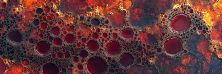 Abstract pattern of red circles on a fiery background with irregular textures