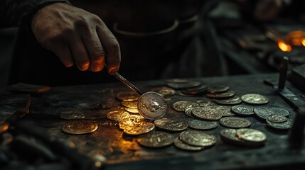 Craftsman's hand delicately places a coin among a pile of others on a dark, rustic workbench.