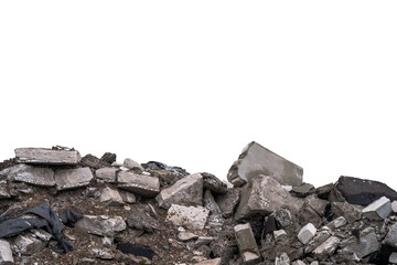 A pile of concrete rubble and debris isolated on a white background. Construction waste, demolition remains, and urban destruction. Copy space