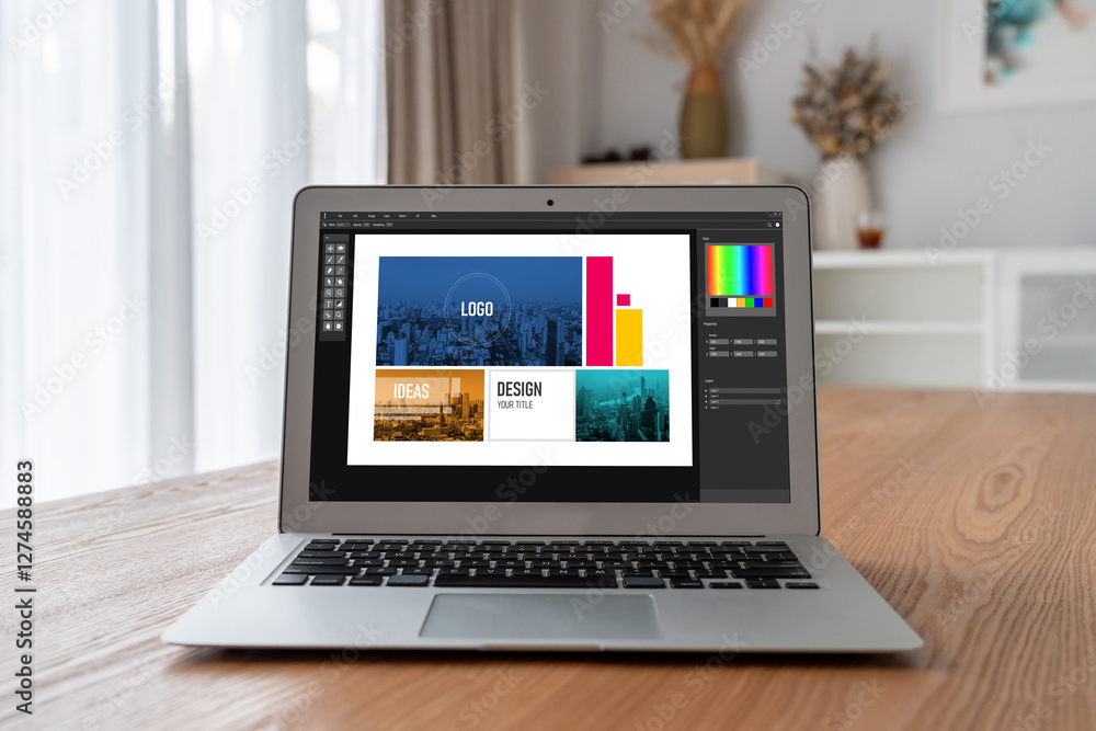 Aufkleber graphic designer software for modern design of web page and commercial ads showing on the computer s