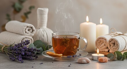 Relaxing Herbal Tea with Lavender, Candles, and Spa Elements for a Wellness Retreat

