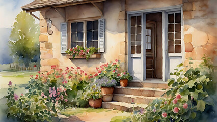 Obraz premium Cozy Countryside House with Flowers, Watercolor Painting