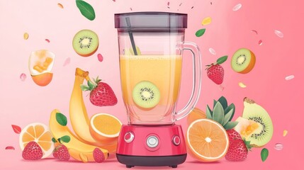 Red blender filled with fresh fruit smoothie, surrounded by flying kiwi, strawberry, banana, orange, and other fruits.