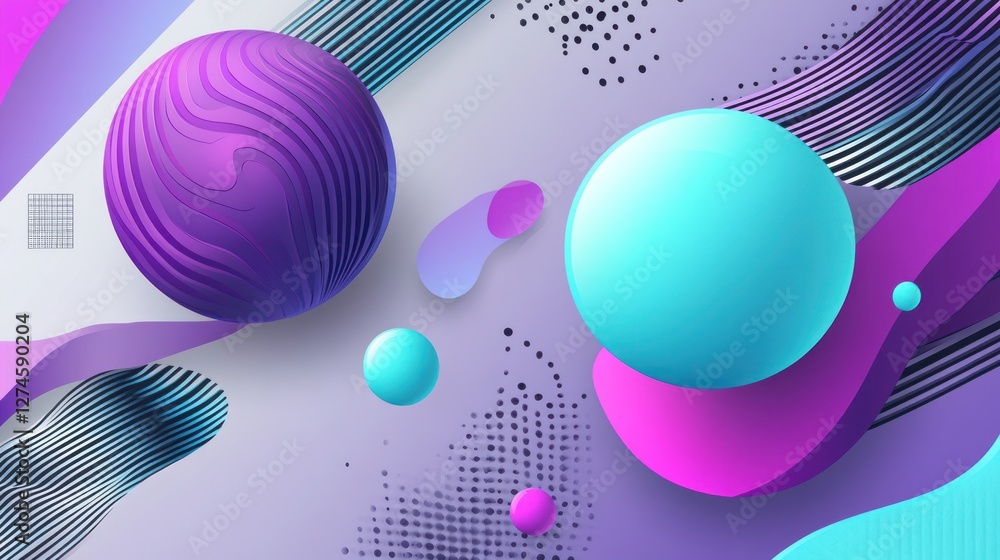 Poster abstract background with vibrant spheres, fluid shapes, and dynamic lines.