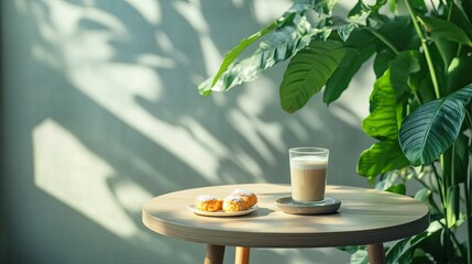A serene coffee break featuring a creamy latte and soft pastry in a bright, minimalist caf&eacute; setting with natural light and calming ambiance