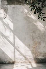 Minimalist textured wall with soft natural light and leaf shadows creating an organic pattern. Aesthetic background for design, branding, or creative projects.