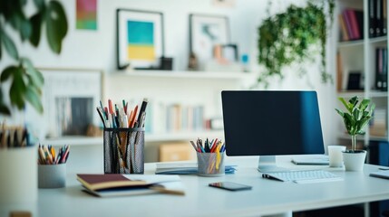 Fototapeta premium Organized Workspace: Modern Home Office Setup with Desktop Computer and Plants