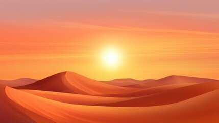 A dramatic sunrise over a desert landscape, with warm light casting long shadows on the sand dunes.