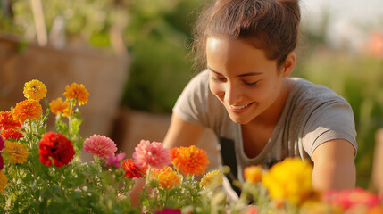Naklejka premium Smiling woman arranging vibrant flowers in a garden, capturing a serene and joyful moment. Sunlight enhances the warm atmosphere of the scene