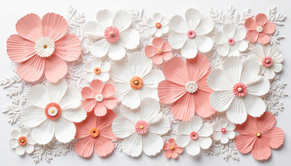 Beautiful paper flowers arranged in a decorative pattern with shades of pink and white 
