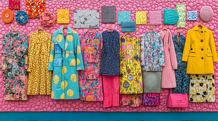 Colorful clothing display on pink wall