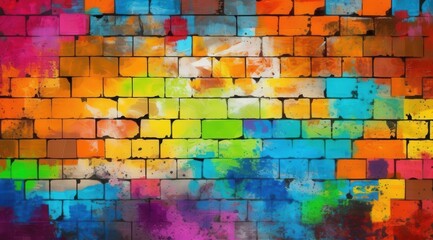 Colorful painted brick wall background with a lot of bright color splatter for creative use