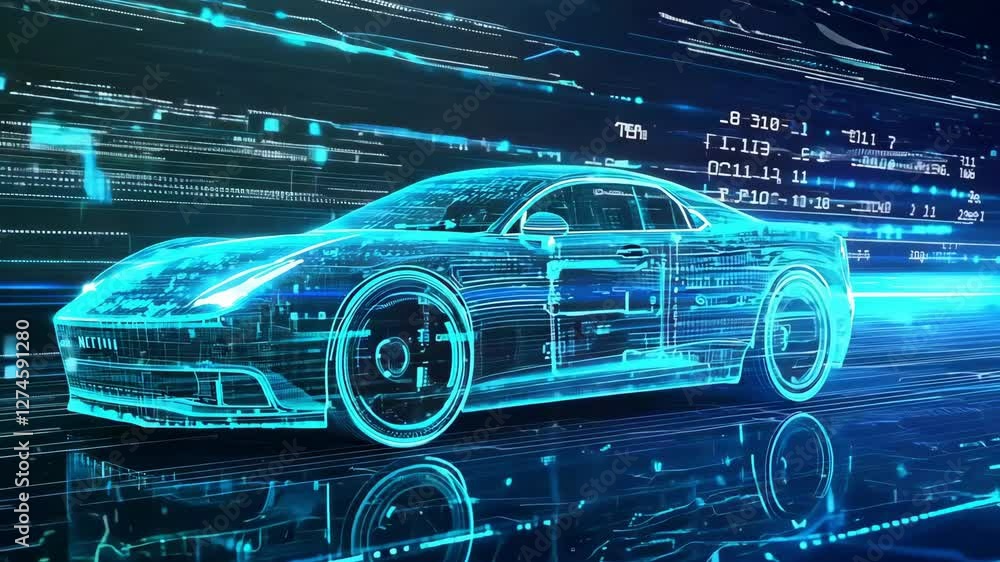 Poster a holographic race car design is depicted within a high tech, digital landscape filled with blue dat
