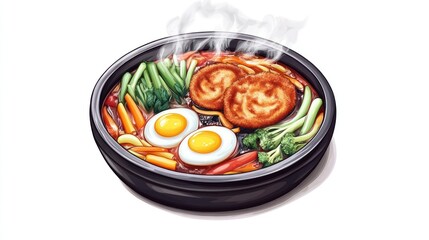 Delicious hot pot steaming with eggs and vegetables