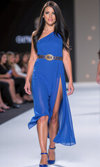 Model showcases elegant blue dress on runway at fashion show in a modern venue