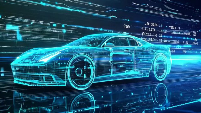 A holographic race car design is depicted within a high tech, digital landscape filled with blue data streams and geometric patterns