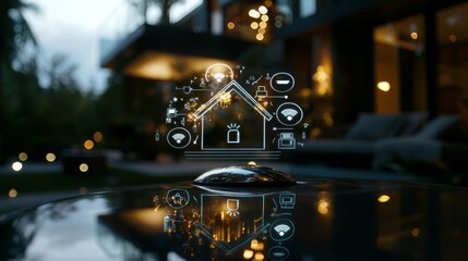The idea of a smart home control panel, incorporating IoT and futuristic technologies, visualized in a 3D render