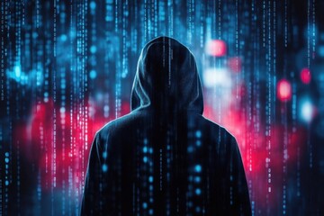 cybersecurity breach visualization with binary code streams and dark figure in hoodie, representing digital theft against tech background