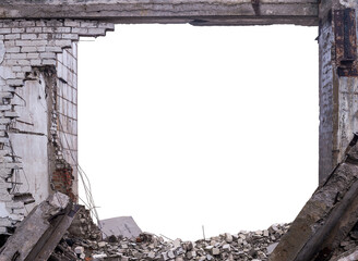 The destroyed wall of a building with a pile of concrete debris, piles, slabs, bricks, rebar and other construction debris isolated on a white background. A cut-out object in the form of a frame.