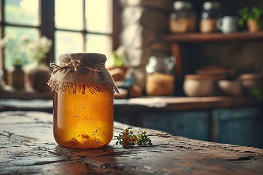 A serene woodland scene with fresh honey on a wooden table