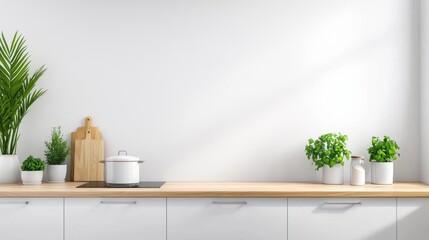 Scandinavian-style kitchen with sleek white cabinets, wooden countertops, and green plants
