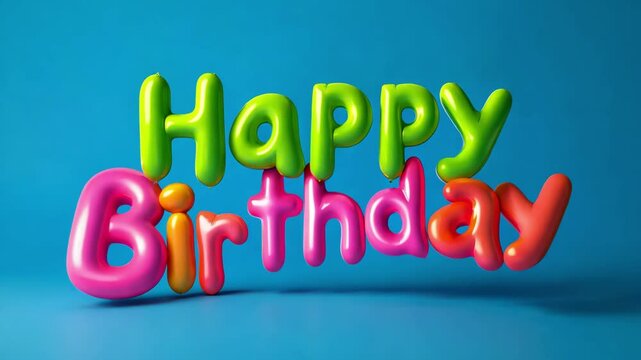 Colorful balloon letters form the greeting happy birthday on a blue backdrop, creating a joyful atmosphere ideal for celebrations