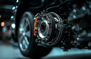 Fototapeta premium The vehicle's disc brake is being repaired during the replacement of a new tire, with the car's brake system and suspension undergoing maintenance in a garage