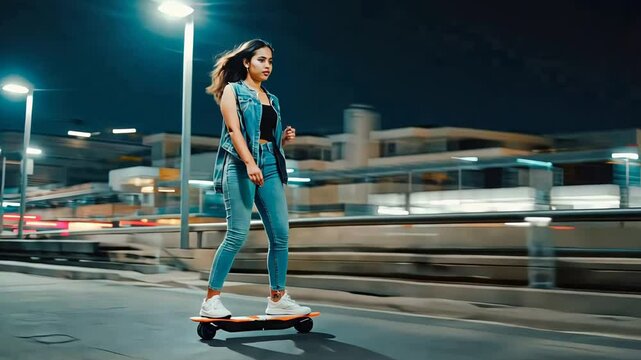 young woman riding a hoverboard through the city at night