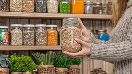 Woman shopping at a zero waste store, filling a glass jar with grains. Natural light highlights sustainable and eco friendly lifestyle choices