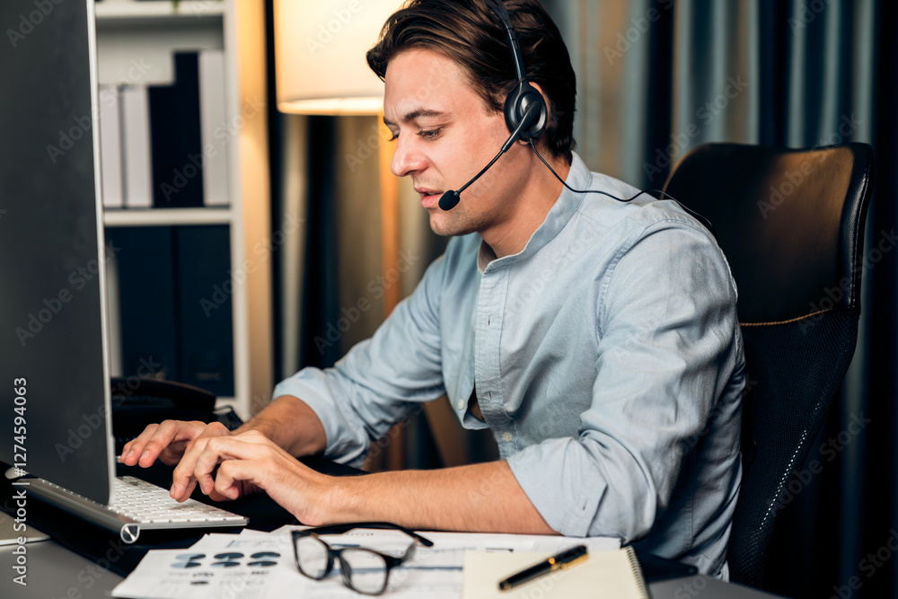 Poster call center consulting with customers on headphones on monitor in business paragraph with typing on 