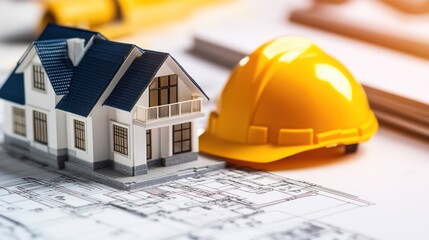 House Construction Planning: Model Home, Safety Helmet, and Blueprint