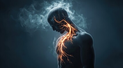 A figure surrounded by smoke, with glowing orange lines resembling energy coursing through their body, creating a mystical and dynamic atmosphere.