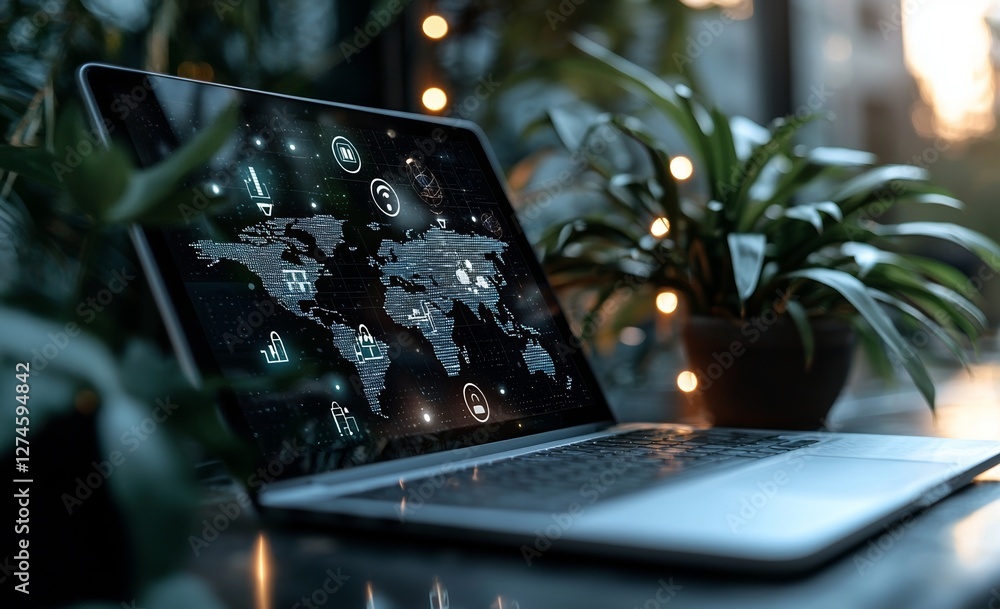 Poster a digital world map on a laptop features a computing cloud hologram