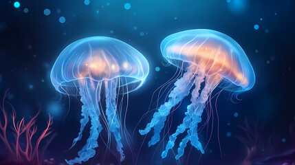 A surreal underwater landscape with giant jellyfish floating among glowing coral reefs, illuminated by bioluminescent sea creatures. Surreal Translucent Creatures. Illustration