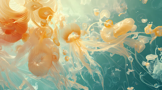A surreal underwater scene of delicate jelly-like creatures with translucent. Surreal Translucent Creatures. Illustration