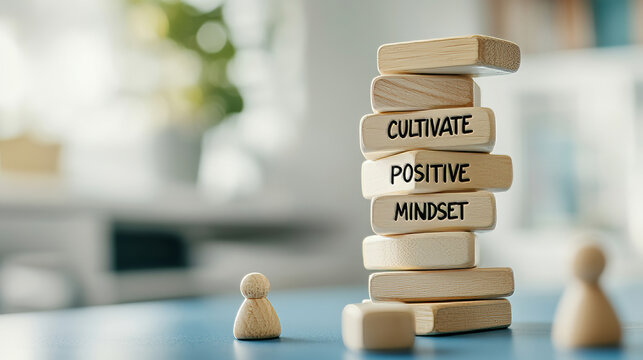 Wooden blocks spelling motivational phrase cultivate positive mindset arranged neatly on clean surface, emphasizing personal growth mindset