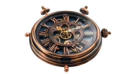 Copper Skeleton Clock Roman Numerals, Retro Gear Design for Home Decor, isolated on transparent background.