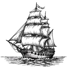 majestic yacht sailing ship with large sails, cruising on the ocean waves, drawn in an engraved, woodcut style sketch engraving generative ai PNG illustration. Scratch board. Black and white image.