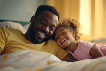Obraz premium Joyful Moments: Father and Daughter Cherishing Relaxing Time in a Cozy Bed
