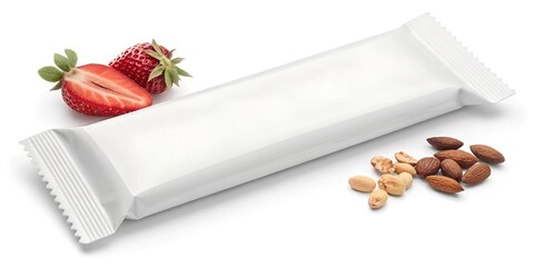 Mockup of a blank white snack bar package with strawberries and nuts on a white background. Ideal for branding and product presentation.