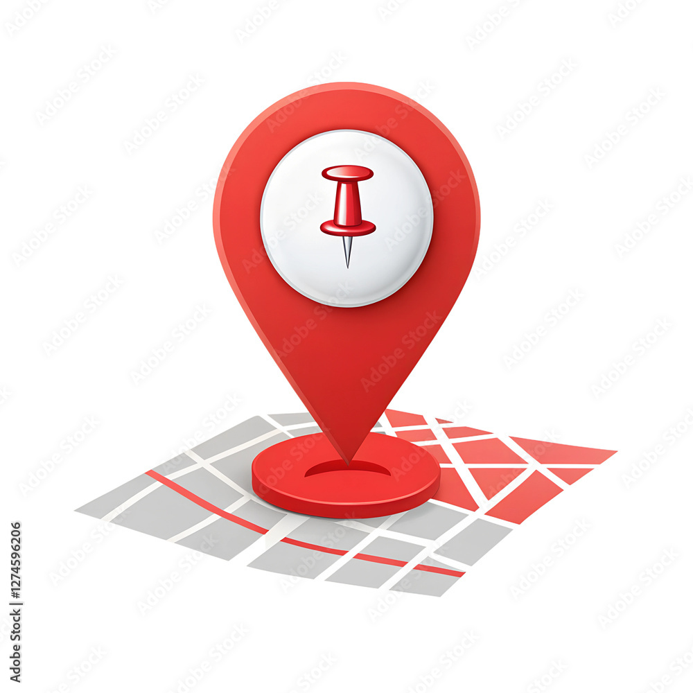 Poster red location pointer with circle on light gray city map on transparent background