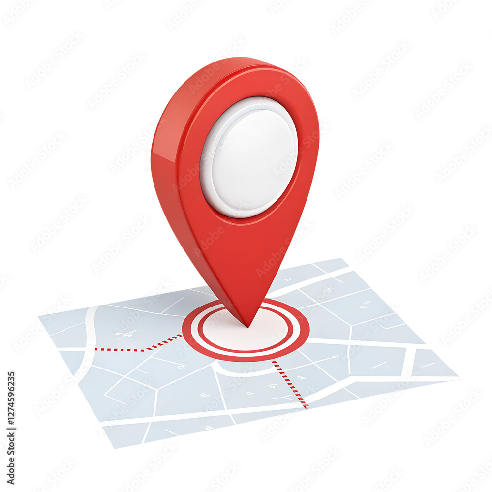 Poster red location pointer with circle on light gray city map on transparent background