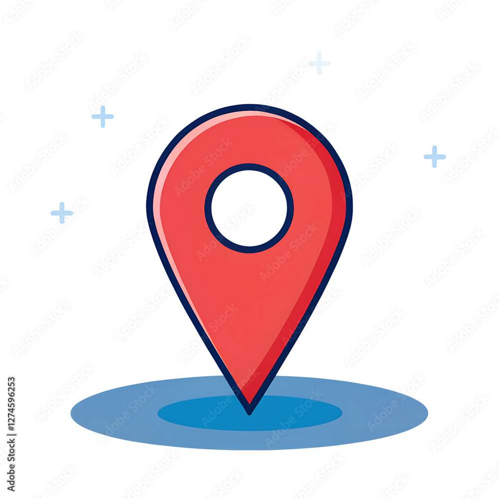 Poster red location pointer with circle on light gray city map on transparent background