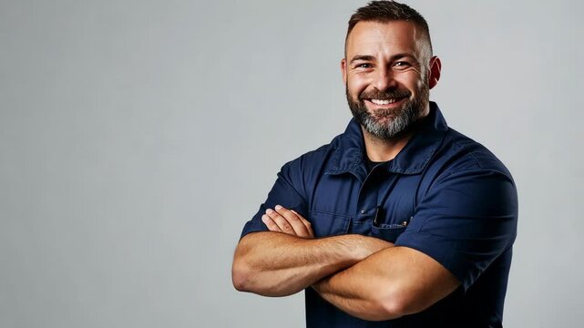 Confident man smiling with arms crossed progressively across frames
